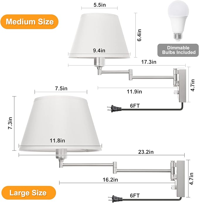 TRLIFE Wall Sconces Plug in, Remote Control Dimmable Wall Sconce and Adjustable Color Temperature 2700K-6500K, Swing Arm Wall Lights with Plug in Cord, 9.4" Medium White Fabric Shade(2 Pack, 2 Bulbs)