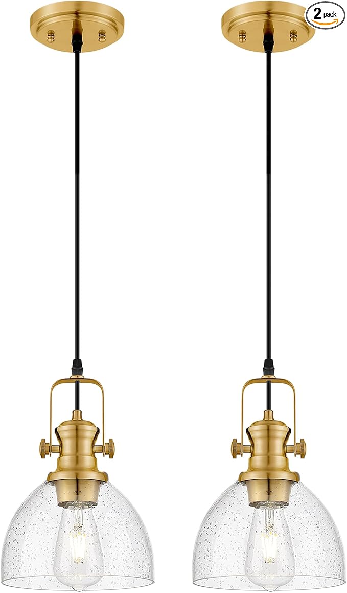 Pendant Lights Kitchen Island 2 Pack, 7.5" Farmhouse Pendant Lighting with Clear Seeded Glass Shade, Vintage Hanging Light Fixtures for Dining Room, Brushed Gold, AD-22151-1P2-GD