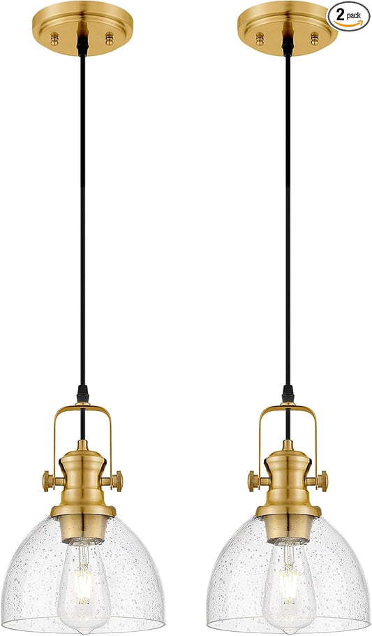 Pendant Lights Kitchen Island 2 Pack, 7.5" Farmhouse Pendant Lighting with Clear Seeded Glass Shade, Vintage Hanging Light Fixtures for Dining Room, Brushed Gold, AD-22151-1P2-GD