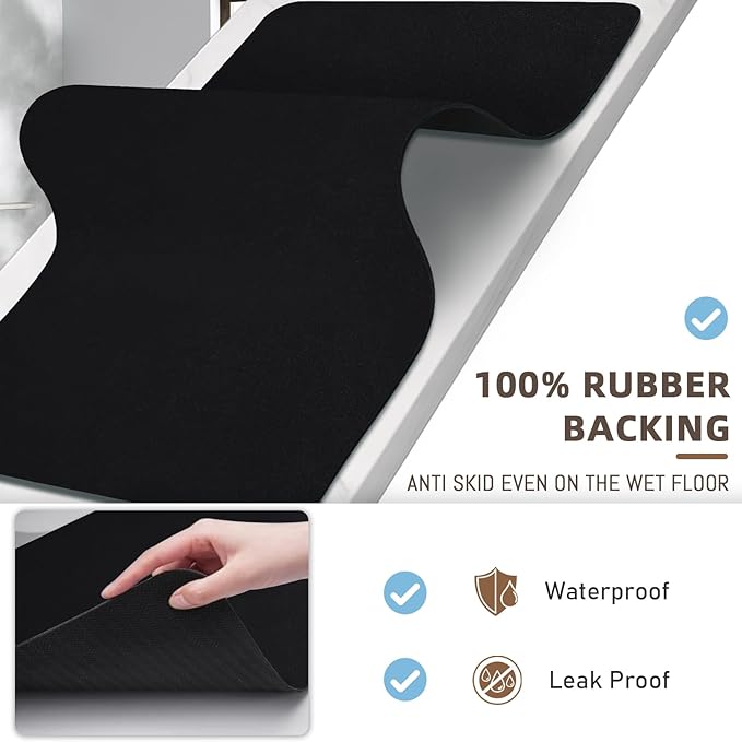 Diatomaceous earth bath mat Bathroom Rugs Sets 3 Piece Super Absorbent Quick Dry Bath Mats, Rubber Non Slip Shower Mat and Toilet Mat U Shape, Shower Rug for in Front of Bathtub Shower, Black