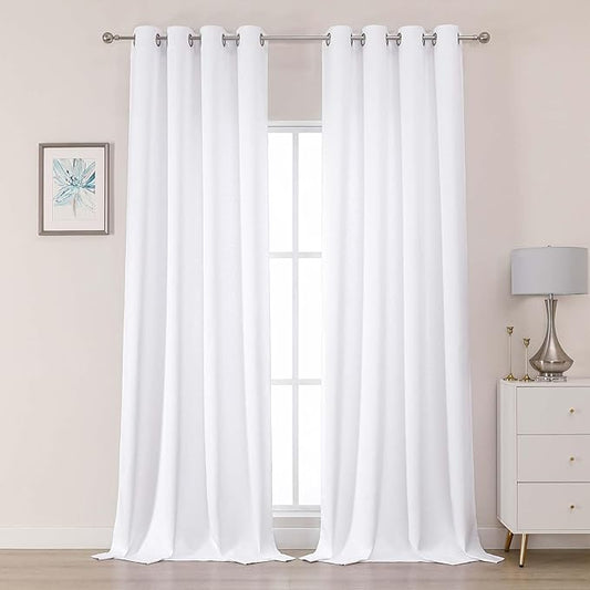 OWENIE Pure White Light Filtering Curtains 96 Inches Long 2 Panels for Bedroom Living Room, Elegant Solid Soft Thermal Insulated Grommet Curtain Drapes, (Pure White, 2 Pieces, 50 Wide Each Panel)