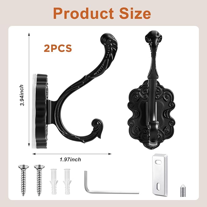 Zonon Vintage Coat Hooks Antique Wall Hooks Towel Hook for Hanging Purse Hat Keys Clothes Curtain Unique Heavy Duty Bathroom Hook for Wall(2 Pcs,Black)
