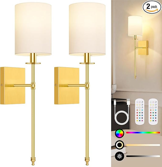 24.8 Inch Wall Sconces Battery Operated Set of 2, Rechargeable Wireless Wall Sconces Lights with Remote, Not Hardwired Dimmable Gold Wall Lamps with White Fabric Shade for Bedroom, 2 Bulbs Included