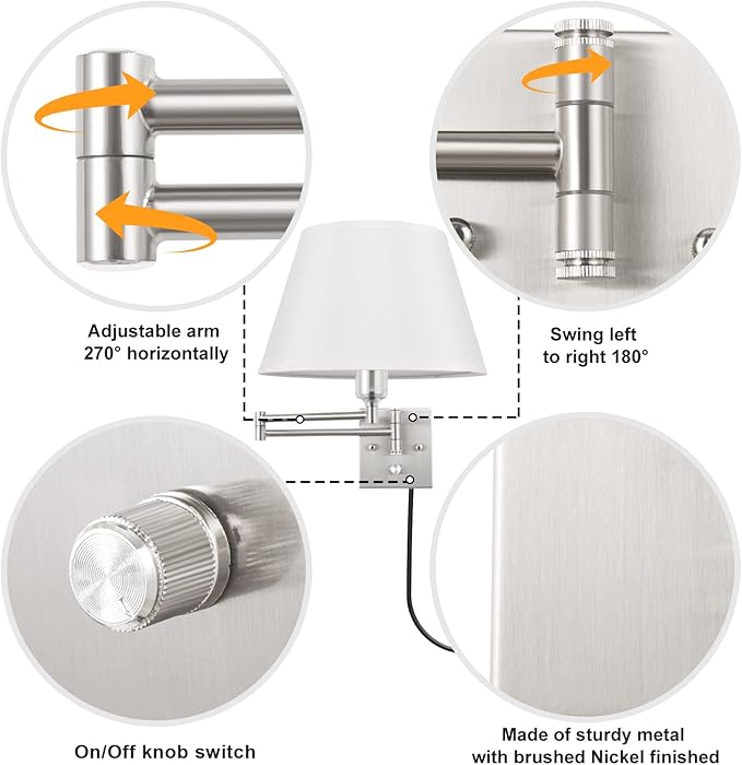 TRLIFE Dimmable Wall Sconce with Remote Control, Adjustable Color Temperature 2700K-6500K and Dimming 10-100% Swing Arm Wall Lights with Plug in Cord, 11.8" Large White Fabric Shade(2 Pack, 2 Bulbs)
