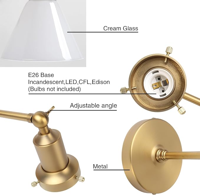 PERMO Industrial Vintage Slope Pole Wall Mount Single Sconce with Funnel Flared Milk White Glass Shade Wall Sconce Light Lamp Fixture