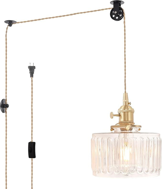 Plug in Pendant Light Hanging Light Fixture Corded On/Off Switch Brass Pendant Light with Clear Striped Glass Lampshade for Bedroom Living Room Kitchen Island