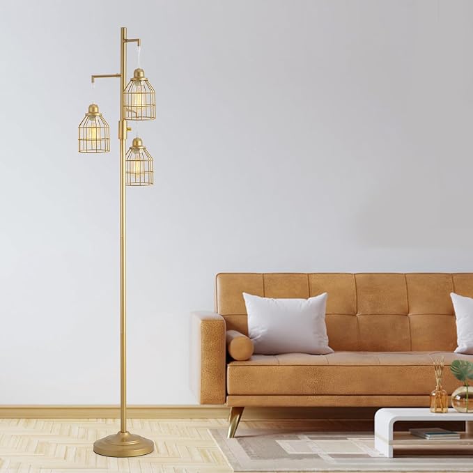 9MMML Golden Dimmable Floor Lamp,Industrial Gold Farmhouse Tall Standing Lamp for Living Room, Bedroom Office,3 Teardrop Cage Lampshade,3 LED Bulbs Inculded, 68'' Tall
