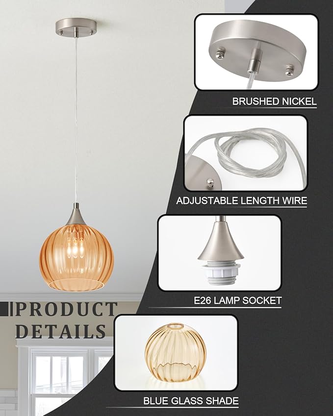Brushed Nickel Pendant Lights Kitchen Island, Globe Pendant Light Fixtures with 8 Inch Clear Glass Shade, Modern Hanging Light Fixtures for Kitchen, Bedroom (1 Pack - Amber Glass Pendant Light)
