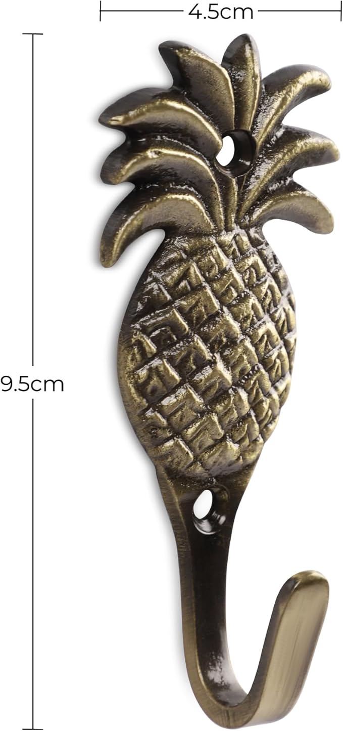 Multipurpose Hooks, Used to Hang Clothes, Bags, Coats, Curtain Hold Backs, Keys, Colour - Antique Gold, Material - Brass, Pineapple Design, Screws and Wallplugs Included, Pack of 2 Pieces