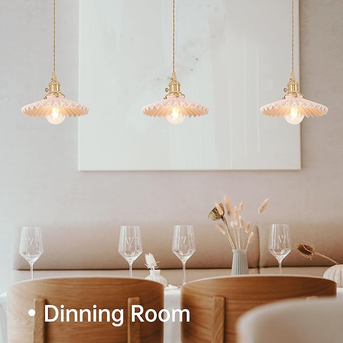 Pendant Light with Pink Pleated Ceramic Lmapshade, Brass Vintage Pendant Light Adjustable Hanging Light for Kitchen Island Dining Room Hallway