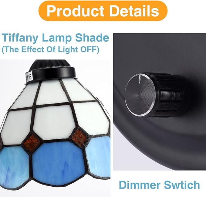 Tiffany Bedside Wall Mount Lamp with Dimmable Switch, Industrial Vintage Gooseneck Wall Sconce with Plug in Cord, Sea Blue Stained Glass Shade Wall Light Perfect for Bedroom, Living Room and Hotel