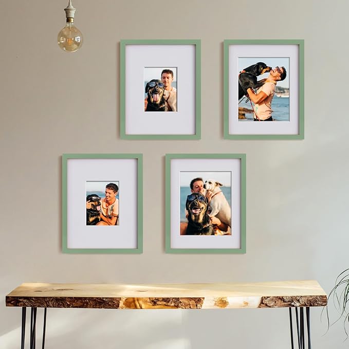 Egofine 11x14 Picture Frames 4PCS Made of Solid Wood Covered by Plexiglass for Table Top and Wall Mounting for Pictures 5x7/8x10 with Mat or 11x14 without Mat Horizontally or Vertically Display, Green