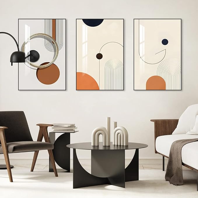 Framed Bright style Wall Art, Boho Wall Art Set of 3, Mid Century Modern Decor 16" x 24", Minimalist Black Beige Neutral Abstract Geometric Wall Decor Canvas Prints for Bedroom Living Room Bathroom