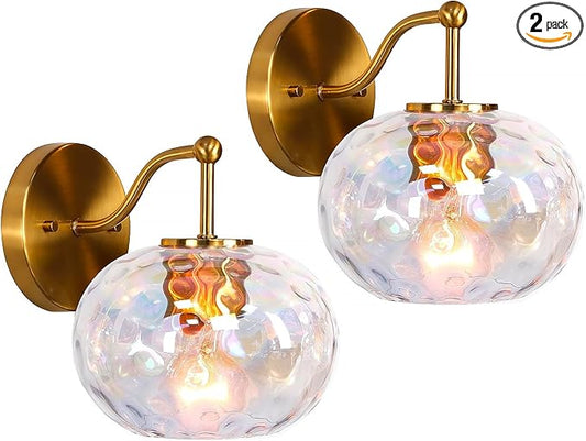 Brushed Gold Vanity Light Set of 2 Stained Hammered Glass Wall Sconce 1-Light Brass Wall Lamp for Hallway Living Room Stairwell Bathroom Over Mirror (Brass Gold, 1-Light)