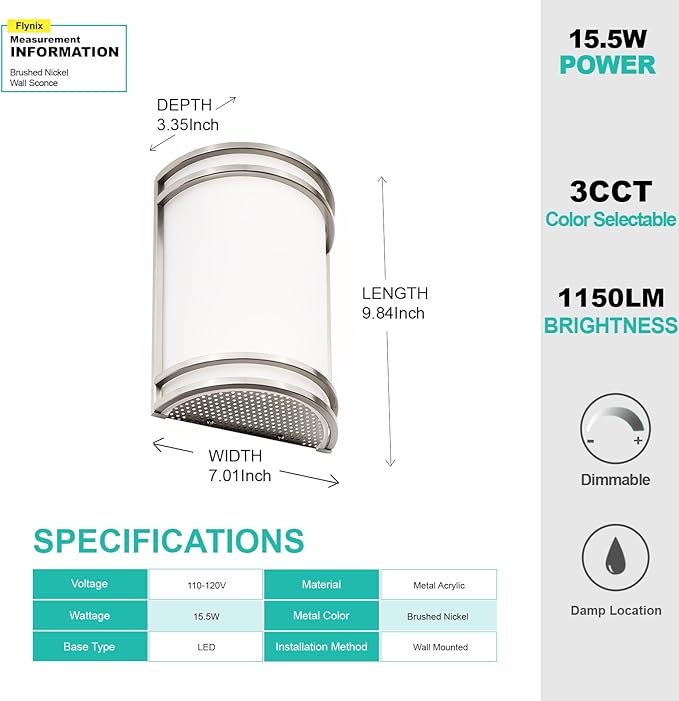 Indoor Wall Sconce, Half Cylinder Wall Light Fixture, 3000K 4000K 5000K Color Temperature Adjustable, Dimmable LED Modern Wall Light for Hallway Bedroom Living Room, Brushed Nickel