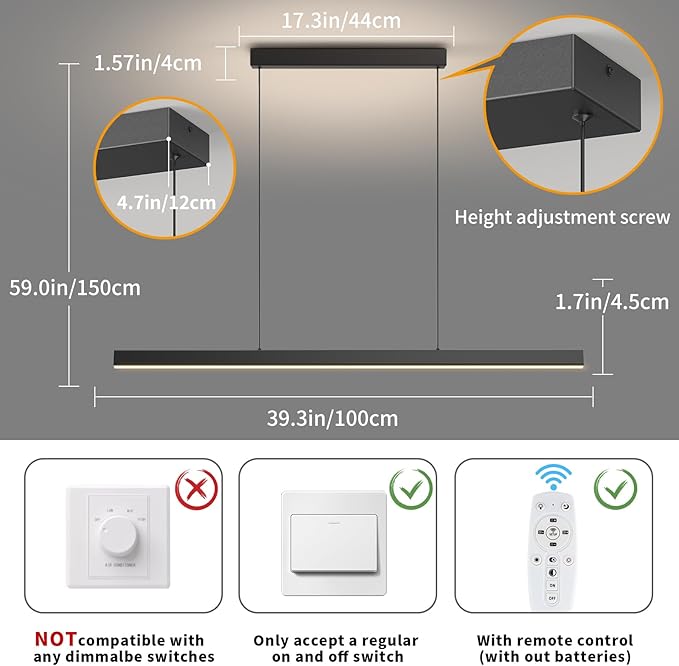 LED Linear Pendant Lights, 39in Island Lighting Fixture 3000k-6000K Dimmable, Chandelier Lamp for Kitchen Dining Room Pool Table Office Bar Garage Workbench