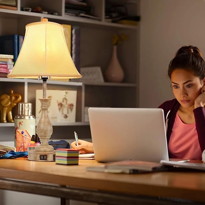 Farmhouse Table Lamp Touch Control 3-Way Dimmable Table Lamp, Modern Nightstand Lamp with 2 USB Port Bedside Desk Lamp with Fabric Shade for Living Room Bedroom Hotel (Pack 1-Beige Shade)