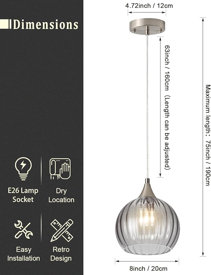 Brushed Nickel Pendant Lights Kitchen Island, Globe Pendant Light Fixtures with 8 Inch Clear Glass Shade, Modern Hanging Light Fixtures for Kitchen, Bedroom (1 Pack - Gray Glass Pendant Light)