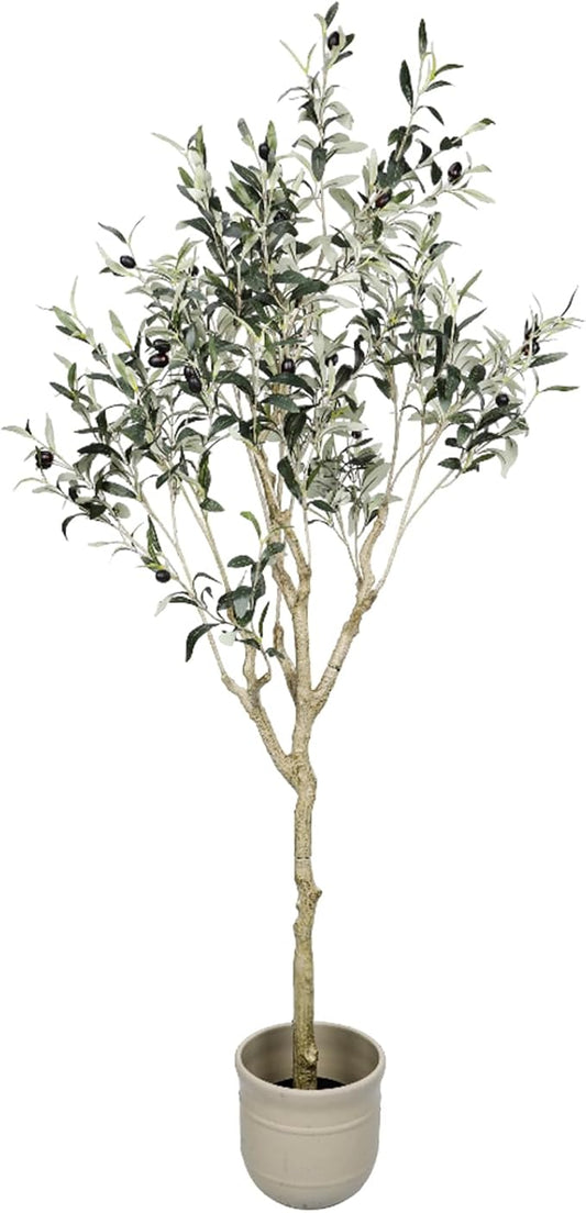 Artificial Olive Tree 5.4 ft, 65 Inch Faux Olive Tree with White Planter, Natural Olive Branches and Realistic Leaves for Modern Home Office Living Room Floor Decor