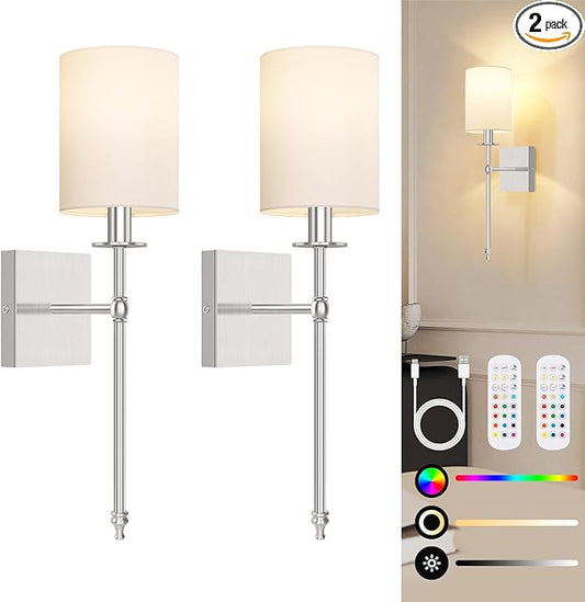 19.9 Inch Battery Operated Wall Sconces Set of 2 with Remote, Brushed Nickel Rechargeable Wireless Wall Lights with White Fabric Shade, Cordless Wall Lamps with Dimmable Detachable Bulbs for Bedroom