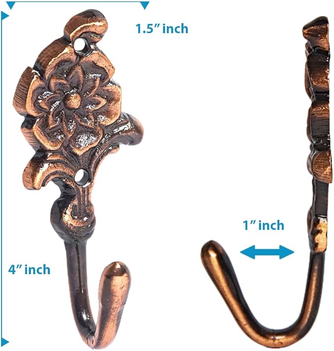 Multipurpose Hooks, Used to Hang Clothes, Bags, Coats, Curtain Hold Backs, Keys, Colour - Copper, Material - Brass, Flower Design, Screws and Wallplugs Included, Pack of 10 Pieces