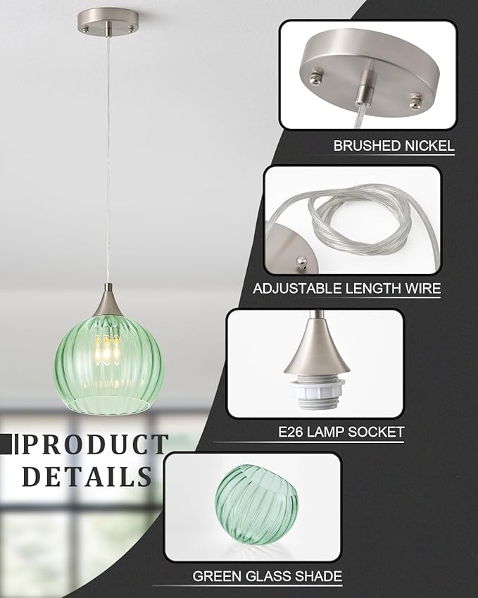 Brushed Nickel Pendant Lights Kitchen Island, Globe Pendant Light Fixtures with 8 Inch Clear Glass Shade, Modern Hanging Light Fixtures for Kitchen, Bedroom (1 Pack - Green Glass Pendant Light)