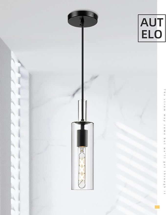 AUTELO 3-Pack Pendant Lights, Black Pendant Lights Kitchen Island, Modern Pendant Light Fixtures with Clear Cylinder Glass, Kitchen Pendant Lighting Over Island, H3875 BK-3PK