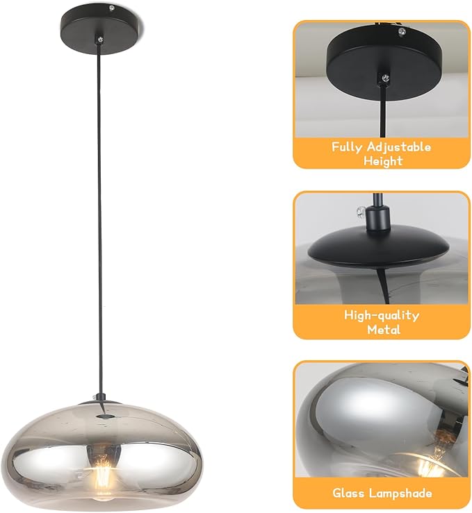 Glass Pendant Lights Kitchen Island Lighting Globe Pendant Light Fixtures IIndustrial Vintage Pendant Lighting for Kitchen Island Bedroom Living Dining Room Light Fixture(Silver Gray)