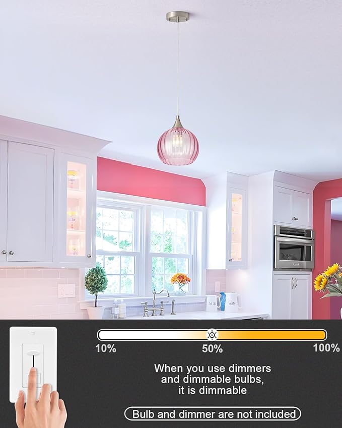 Brushed Nickel Pendant Lights Kitchen Island, Globe Pendant Light Fixtures with 8 Inch Clear Glass Shade, Modern Hanging Light Fixtures for Kitchen, Bedroom (1 Pack - Pink Glass Pendant Light)