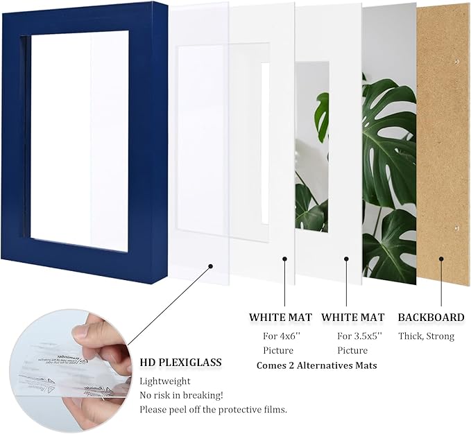 Egofine 5x7 Picture Frame 4PCS Made of Solid Wood, Display Picture 3.5x5/4x6 with Mat or 5x7 Covered by Plexiglass for Table Top Display and Wall Mounting Photo Frame, Navy Blue