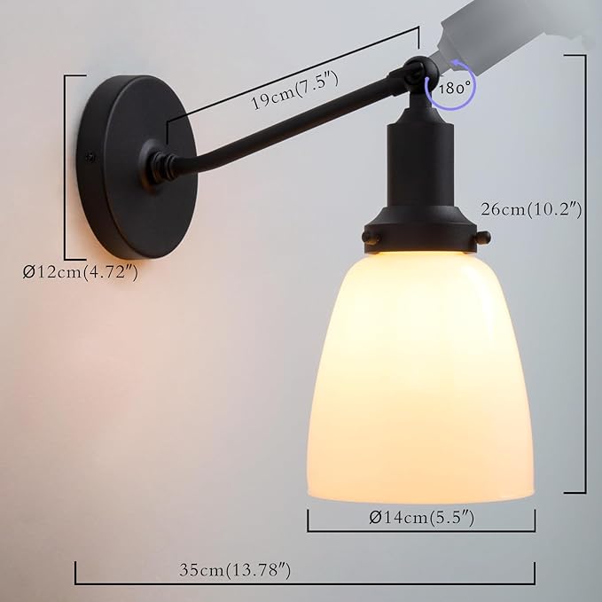 PERMO Industrial Vintage Slope Pole Single Sconce with 5.5" Oval Dome White Glass Shade Black Wall Sconce Wall Mount Light Lamp Fixture