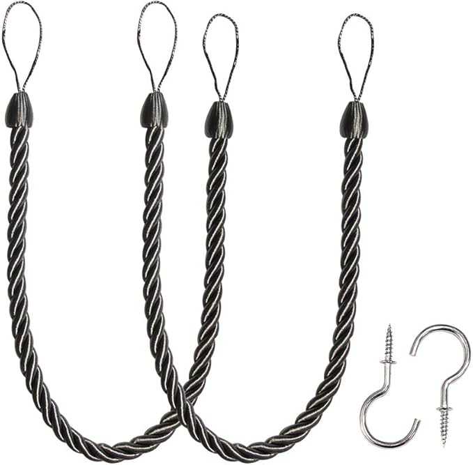 BEL AVENIR Curtain Ropes Tiebacks Tie-Backs, Curtain Handmade Holdbacks with 2 Metal Screw Hooks - Charcoal 2 Pack