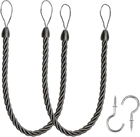 BEL AVENIR Curtain Ropes Tiebacks Tie-Backs, Curtain Handmade Holdbacks with 2 Metal Screw Hooks - Charcoal 2 Pack