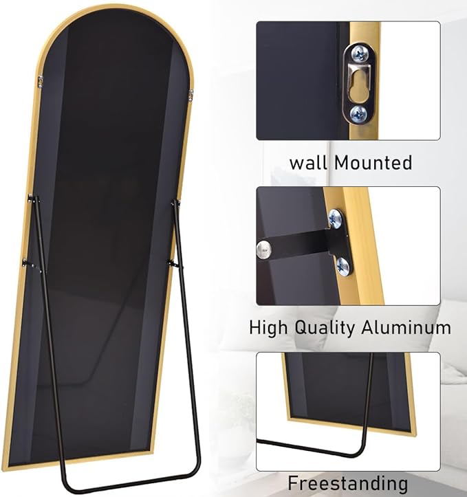 Mirror Full Length, 71"x26" Arched Full Length Mirror, Arch Mirror with Stand, Large Standing Mirrors, Oversized Full Body Mirrors with Aluminum Frame for Bedroom, Living Room (Gold)