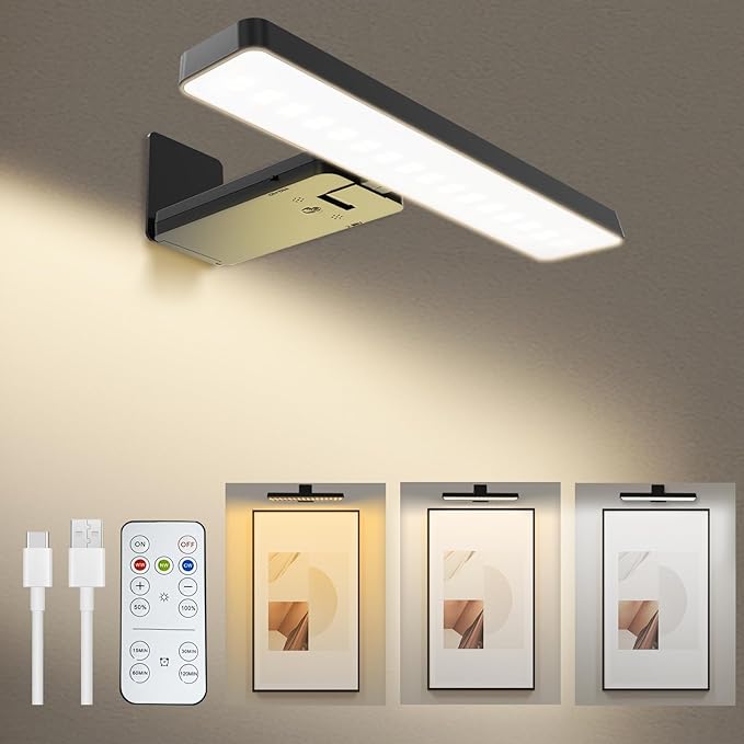 Picture Light Battery Operated with Remote, LED Painting Light for Art with 3 Lighting Colors & Dimmable, LED Art Display Accent Light on Wall for Pictures Dartboard Photo Frame Portrait