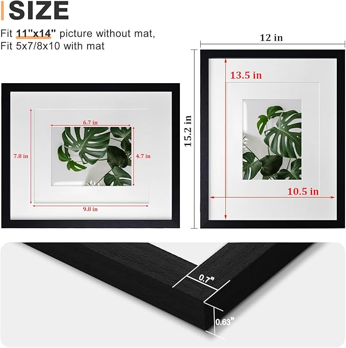 Egofine 11x14 Picture Frames 4PCS Covered by Plexiglass, Made of Solid Wood, Display Pictures 8x10/5x7 with Mat or 11x14 Without Mat for Table Top and Wall Mounting, Black with Texture