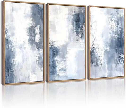 KUVIOKE Navy Blue and Gray Abstract Framed Canvas Wall Art Brush Strokes Block Shape Pastel Wall Decor Modern Minimalist Art Painting Home Decor 16x24in (Natural Framed)