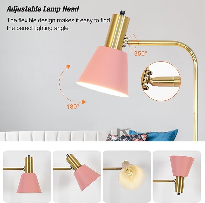 Hsyile Contemporary Modern Creative Floor Lamp with a Table,Suitable for Living Room,Den,Office,Bedroom - Standing Lamp Tall Floor Lamp - Brushed Brass Finish and Pink Lampshade
