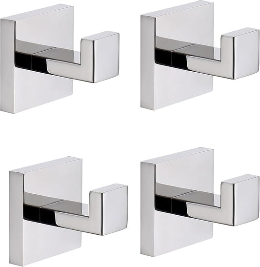 TASTOS Bath Towel Hooks Polished Chrome, 4 Pack Stainless Steel Robe Coat and Clothes Hook, Heavy Duty Wall Hook for Bathroom & Kitchen, Modern Square Style Wall Mounted