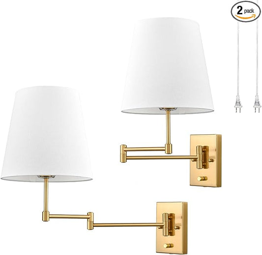 HYDELITE Gold Swing Arm Wall Lamp Brass Wall Sconces with Linen Shade | Plug-in or Hardwired Wall Light Fixtures Bedroom Bedside, House Reading, Living Room, Home Hallway, Dinning Set of 2