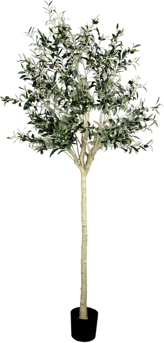 Artificial Olive Tree 7.5 ft, 90 Inch Faux Olive Tree with White Planter, Natural Olive Branches and Realistic Leaves for Modern Home Office Living Room Floor Decor
