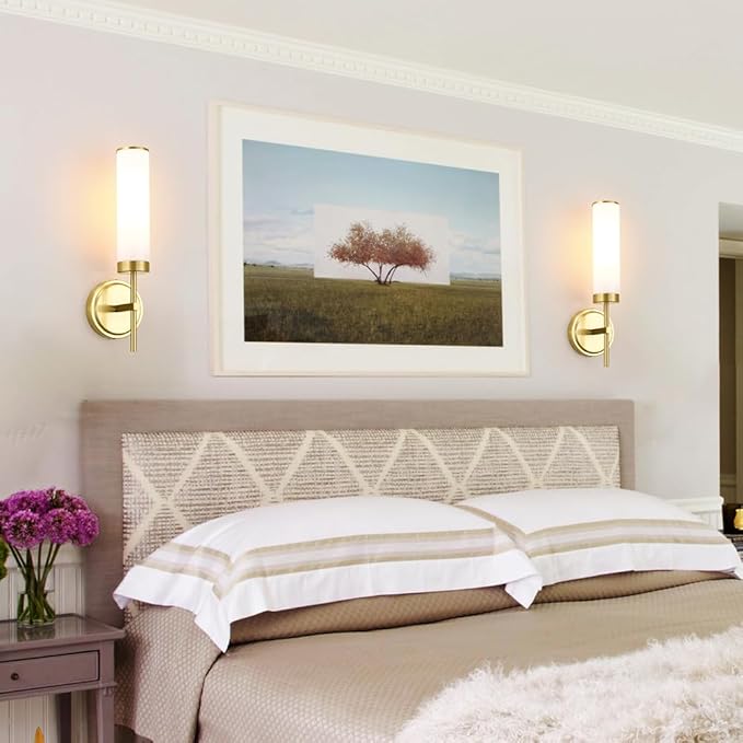 Gold Wall Sconces Set of 2, Modern Bathroom Sconces Wall Lighting with Opal White Glass, Vanity Light Fixtures for Bathroom, Brushed Brass Wall Mount Lights for Living Room Bedroom Hallway, Hardwired