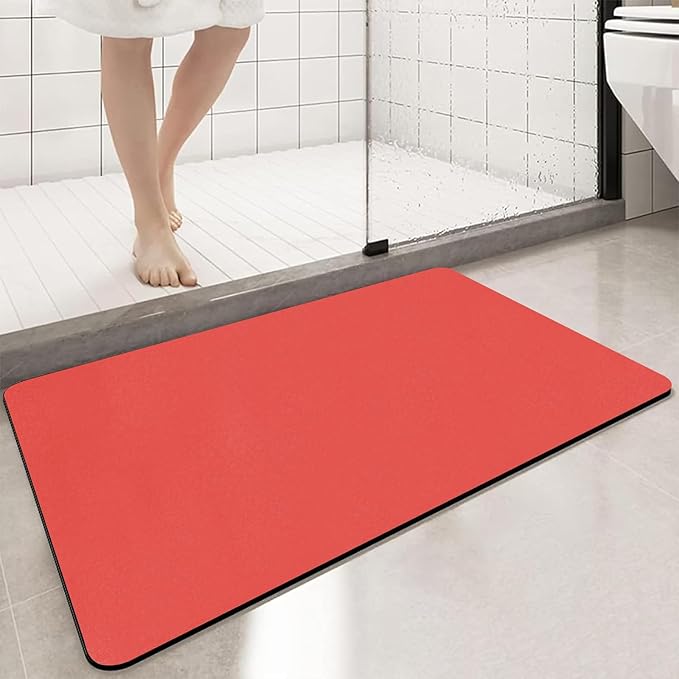 Large Bathroom Rugs Diatomaceous Earth Bath mat Super Absorbent Quick Dry Non Slip Bath Mat Thin Bathroom Floor Mats Fit Under Door-Shower Rug for in Front of Bathtub Shower, Red, 19.6"x31.5"