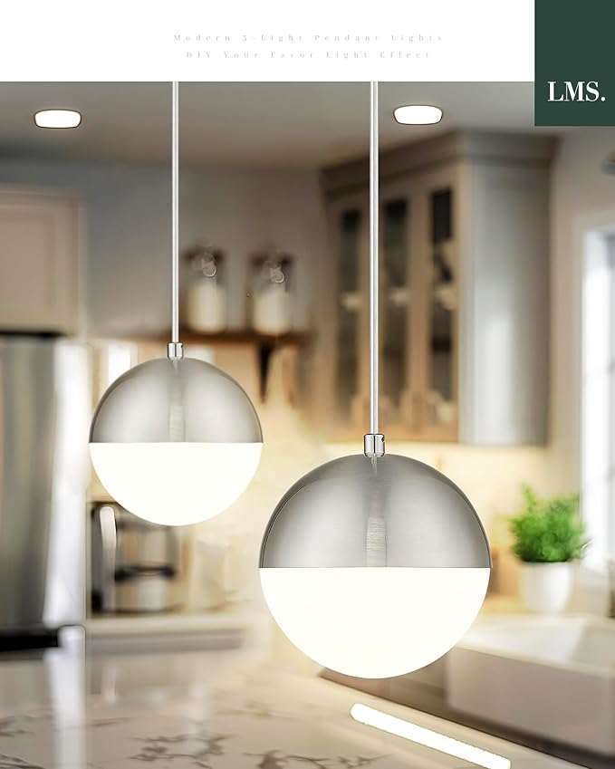 LMS 6-inch Brushed Nickel Pendant Light, Mid Century Kitchen Island Pendant Light Fixtures with White Globe Glass, Adjustable Hanging Light for Dining Room Bedroom Bathroom, LMS-186BNS