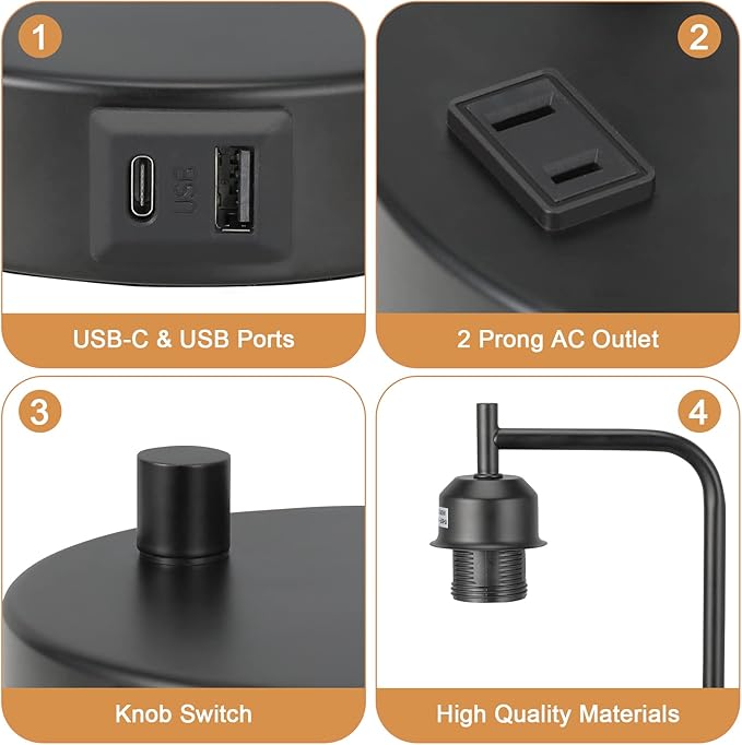 Industrial Bedside Table Lamp for Bedroom - Nightstand Lamps with USB C Charging Port, Fully Dimmable Black Ports and Outlets, Small Desk Glass Shade Office Living Room