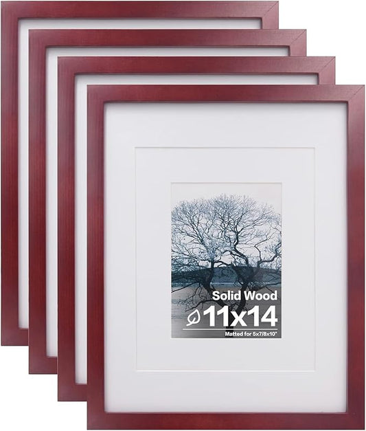 Egofine 11x14 Picture Frames 4 Pack Display Pictures 5x7/8x10 with Mat or 11x14 Without Mat Made of Solid Wood Covered by Plexiglass for Table Top Display and Wall Mounting Photo Frame, Cherry Red