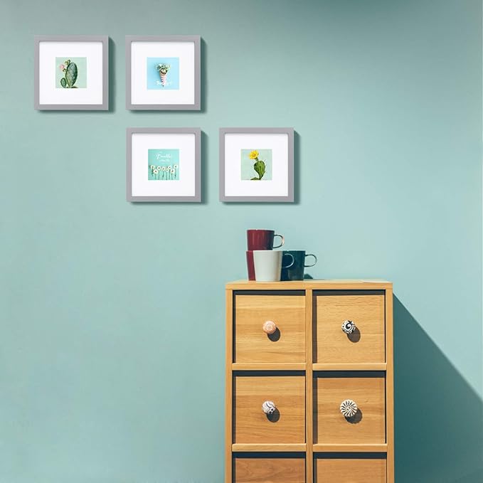 Egofine 8x8 Picture Frames 4 Pack, for Picture 4x4 with Mat or 8x8 whitout Mat Made of Solid Wood Covered by Plexiglass for Table Top Display and Wall Mounting Photo Frame, Light Gray
