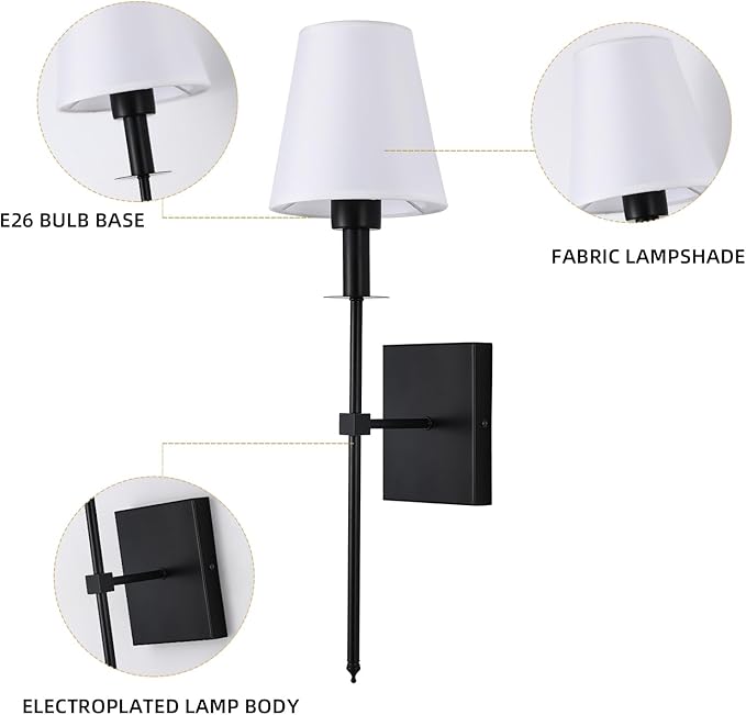 Wall Lamps for Bedrooms Set of 2, Black Retro Wall Mounted Bedside Lamps Sconces Lighting with Fabric Shade for Bedroom Living Room Corridor Kitchen