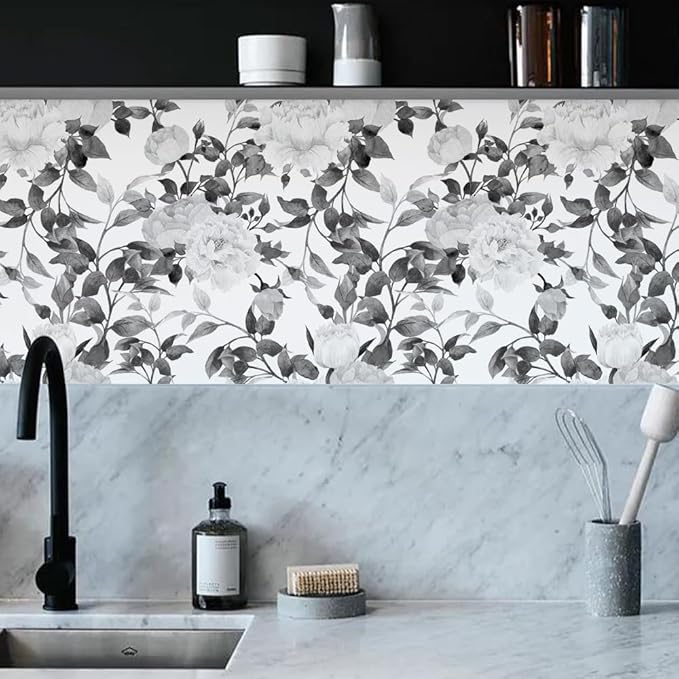 Floral Wallpaper Peel and Stick Black and White Wallpaper Self Adhesive Removable Vinyl Flower Contact Paper for Decorative Bedroom Home Wall (17.7"x118.1")