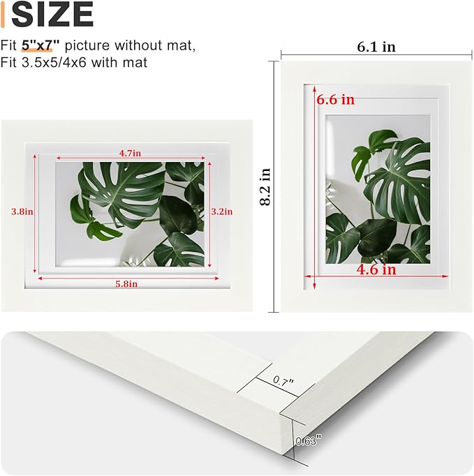 Egofine 5x7 Picture Frame 4PCS Made of Solid Wood, Display Picture 3.5x5/4x6 with Mat or 5x7 Covered by Plexiglass for Table Top Display and Wall Mounting Photo Frame, White with Texture